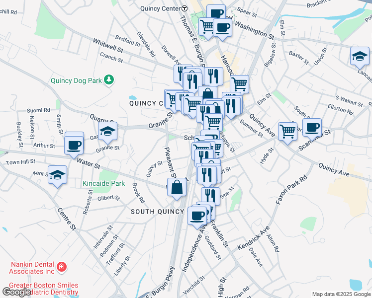 map of restaurants, bars, coffee shops, grocery stores, and more near 17 Marsh Street in Quincy