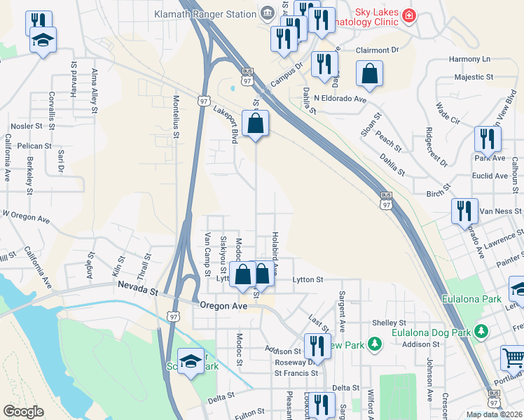 map of restaurants, bars, coffee shops, grocery stores, and more near 533 Van Ness Avenue in Klamath Falls