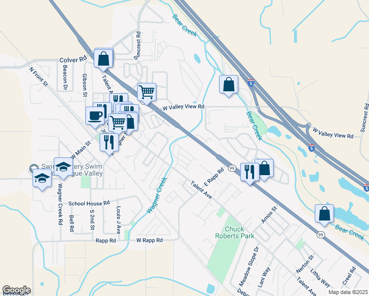 map of restaurants, bars, coffee shops, grocery stores, and more near 265 Rockfellow Place in Talent