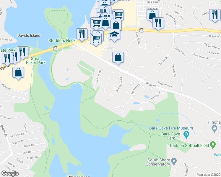 map of restaurants, bars, coffee shops, grocery stores, and more near 4 Beal's Cove Road in Hingham
