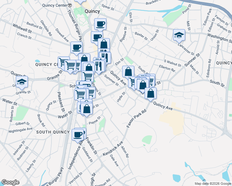 map of restaurants, bars, coffee shops, grocery stores, and more near 41 Water Street in Quincy