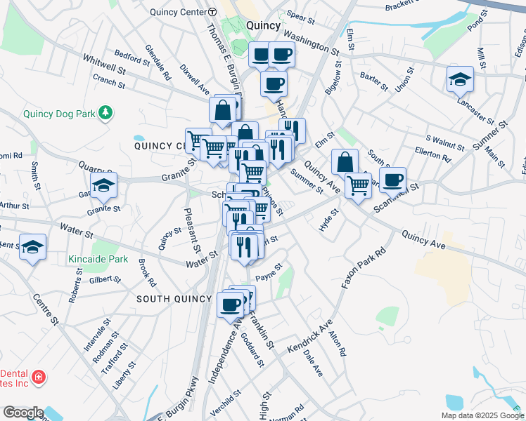 map of restaurants, bars, coffee shops, grocery stores, and more near 2 Hammond Court in Quincy