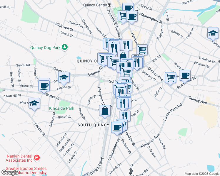 map of restaurants, bars, coffee shops, grocery stores, and more near 17 Marsh Street in Quincy