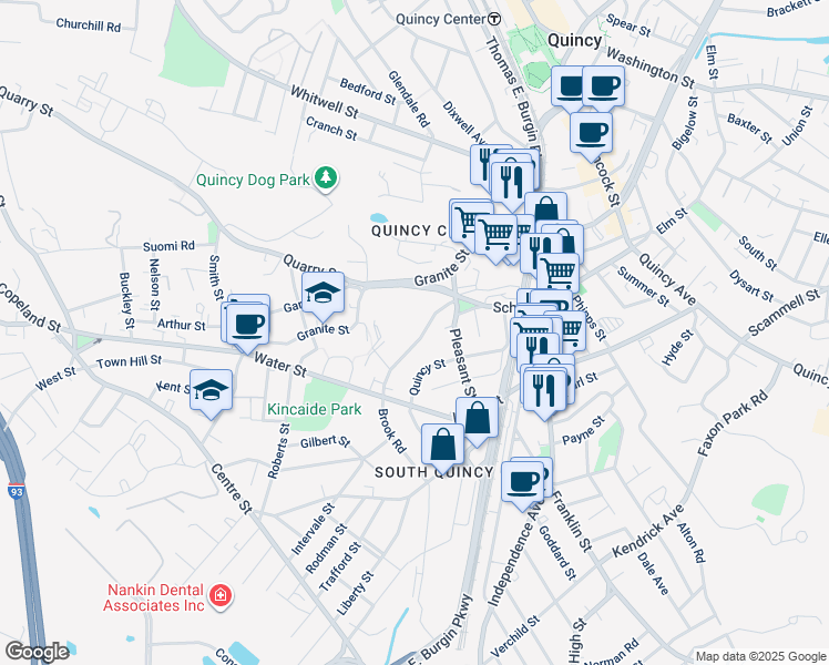 map of restaurants, bars, coffee shops, grocery stores, and more near 43 Brook Road in Quincy