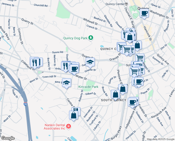 map of restaurants, bars, coffee shops, grocery stores, and more near 321 Granite Street in Quincy