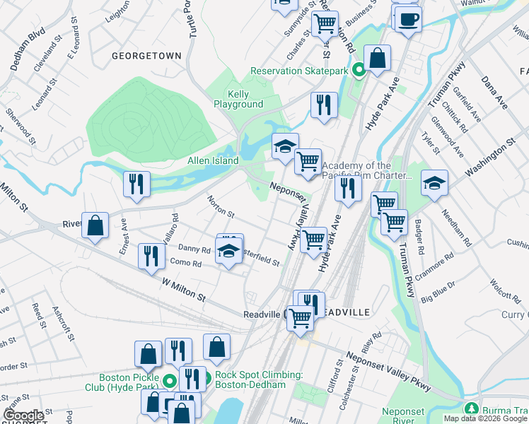 map of restaurants, bars, coffee shops, grocery stores, and more near 83 Readville Street in Boston