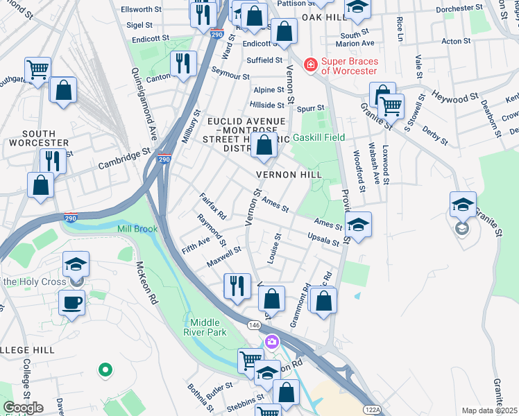 map of restaurants, bars, coffee shops, grocery stores, and more near 10 Ames Street in Worcester