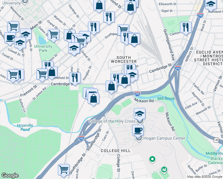 map of restaurants, bars, coffee shops, grocery stores, and more near 4 Chelsea Street in Worcester