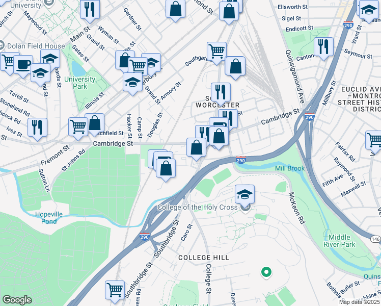 map of restaurants, bars, coffee shops, grocery stores, and more near 4 Chelsea Street in Worcester