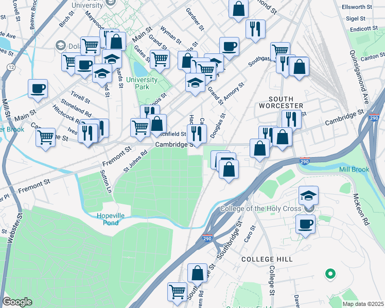 map of restaurants, bars, coffee shops, grocery stores, and more near 42 Camp Street in Worcester