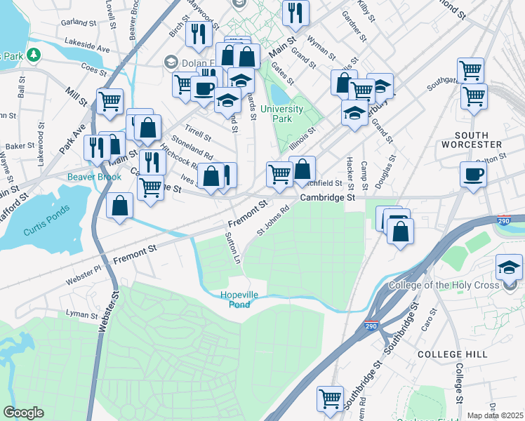 map of restaurants, bars, coffee shops, grocery stores, and more near 178 Fremont Street in Worcester