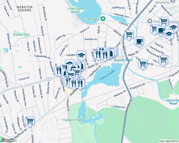 map of restaurants, bars, coffee shops, grocery stores, and more near 1199 Main Street in Worcester