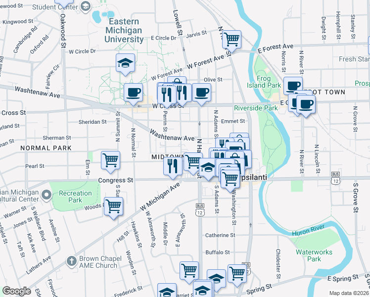 map of restaurants, bars, coffee shops, grocery stores, and more near 118 Ballard Street in Ypsilanti