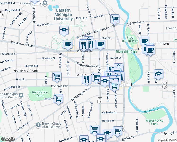 map of restaurants, bars, coffee shops, grocery stores, and more near 118 Ballard Street in Ypsilanti