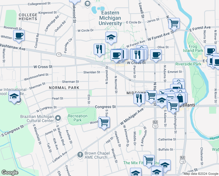 map of restaurants, bars, coffee shops, grocery stores, and more near 115 North Normal Street in Ypsilanti