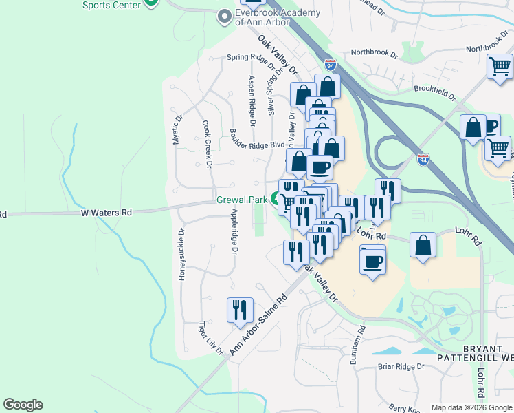 map of restaurants, bars, coffee shops, grocery stores, and more near 2135 West Waters Road in Ann Arbor