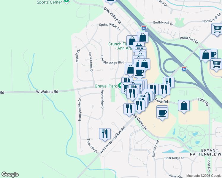 map of restaurants, bars, coffee shops, grocery stores, and more near 2135 West Waters Road in Ann Arbor
