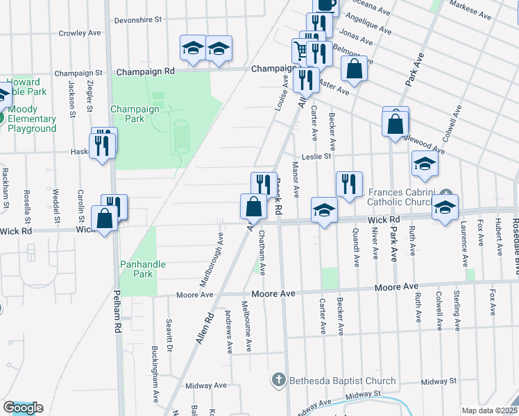 map of restaurants, bars, coffee shops, grocery stores, and more near 9121 Allen Road in Allen Park
