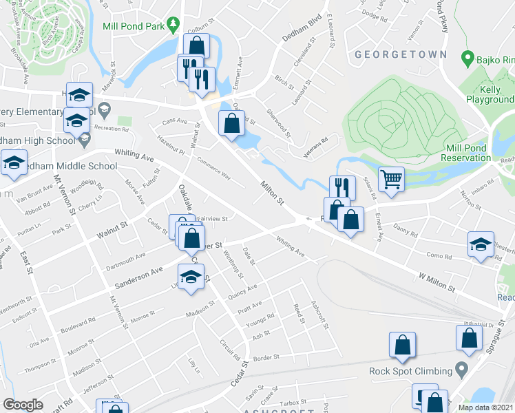 map of restaurants, bars, coffee shops, grocery stores, and more near 28 Flanagan Place in Dedham