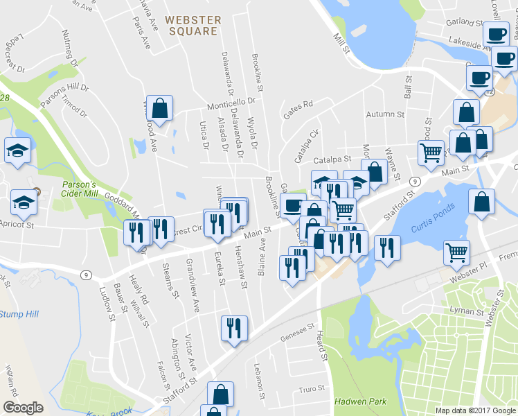 map of restaurants, bars, coffee shops, grocery stores, and more near 12 Henderson Avenue in Worcester