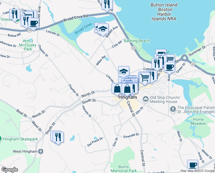 map of restaurants, bars, coffee shops, grocery stores, and more near 185 North Street in Hingham