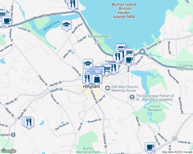 map of restaurants, bars, coffee shops, grocery stores, and more near in Hingham