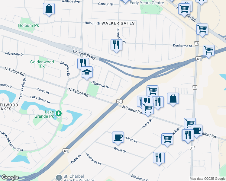 map of restaurants, bars, coffee shops, grocery stores, and more near 1565 Highnoon Drive in Windsor