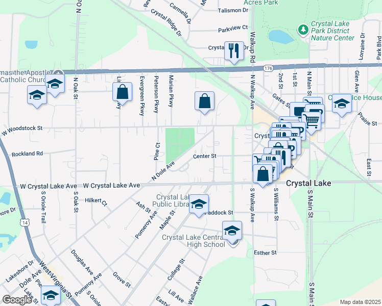 map of restaurants, bars, coffee shops, grocery stores, and more near 130 Center Street in Crystal Lake