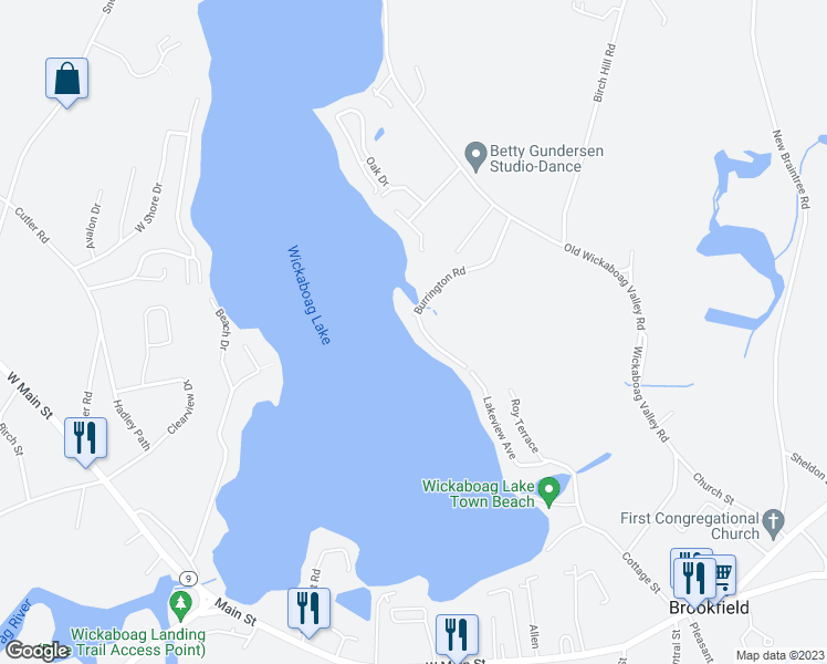map of restaurants, bars, coffee shops, grocery stores, and more near 67 Burrington Road in West Brookfield