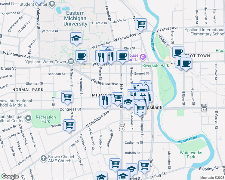 map of restaurants, bars, coffee shops, grocery stores, and more near 118 Ballard Street in Ypsilanti
