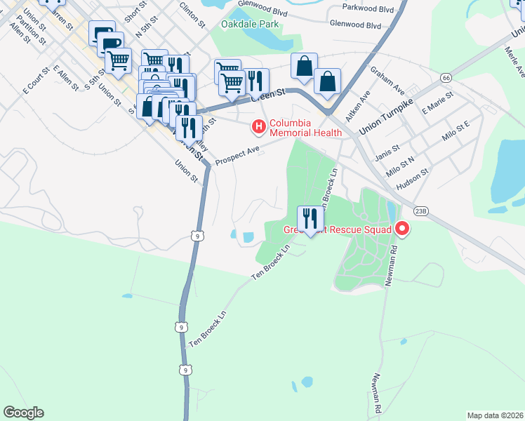 map of restaurants, bars, coffee shops, grocery stores, and more near 42-54 Van Winkle Road in Hudson