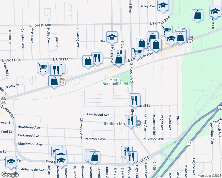 map of restaurants, bars, coffee shops, grocery stores, and more near 4 South Harris Road in Ypsilanti