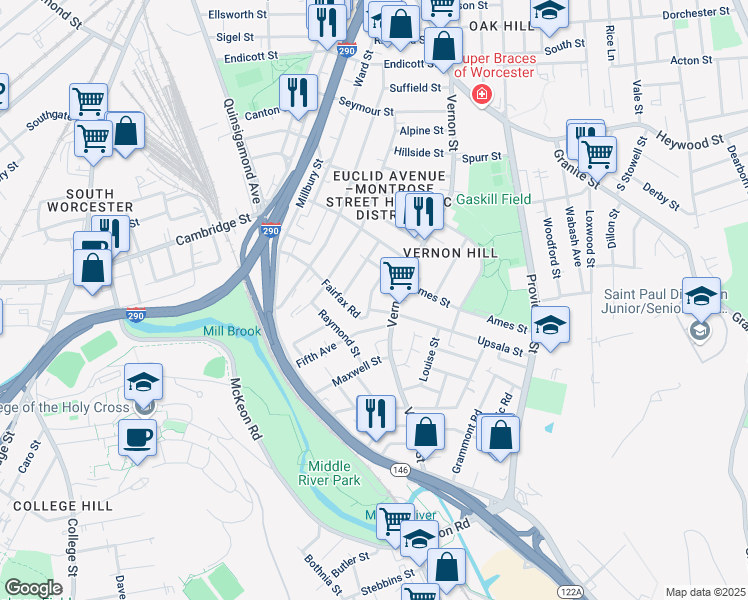 map of restaurants, bars, coffee shops, grocery stores, and more near 72 Fairfax Road in Worcester