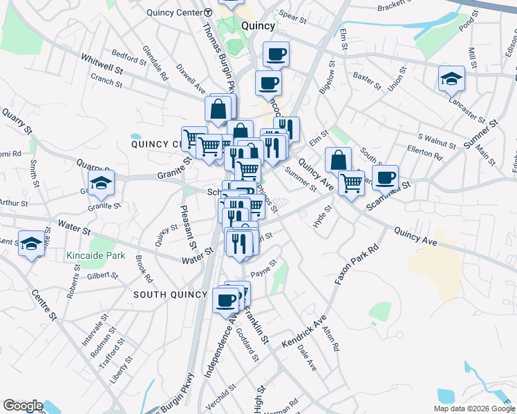 map of restaurants, bars, coffee shops, grocery stores, and more near 2 Hammond Court in Quincy