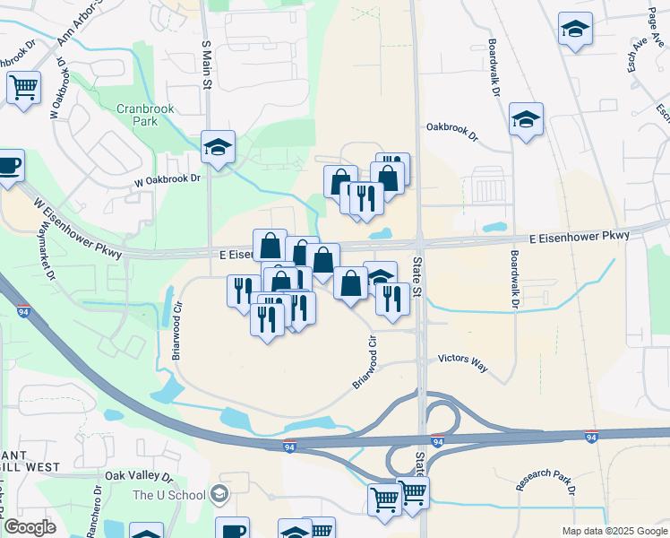 map of restaurants, bars, coffee shops, grocery stores, and more near 400 Plaza Road in Ann Arbor