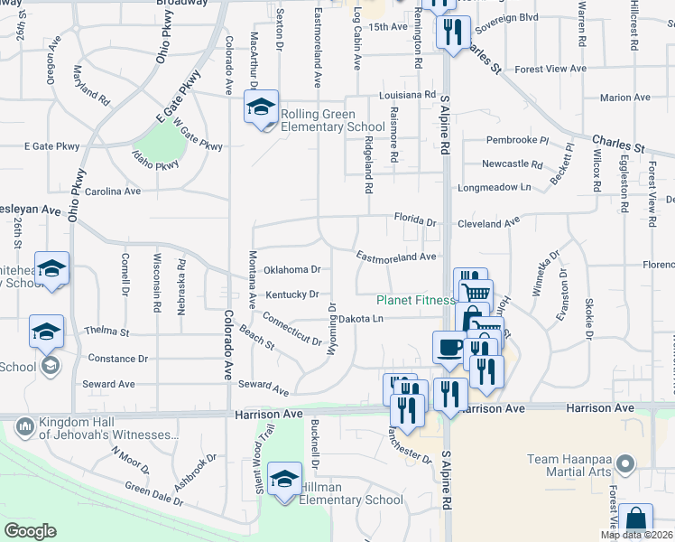 map of restaurants, bars, coffee shops, grocery stores, and more near 2116 Wyoming Drive in Rockford
