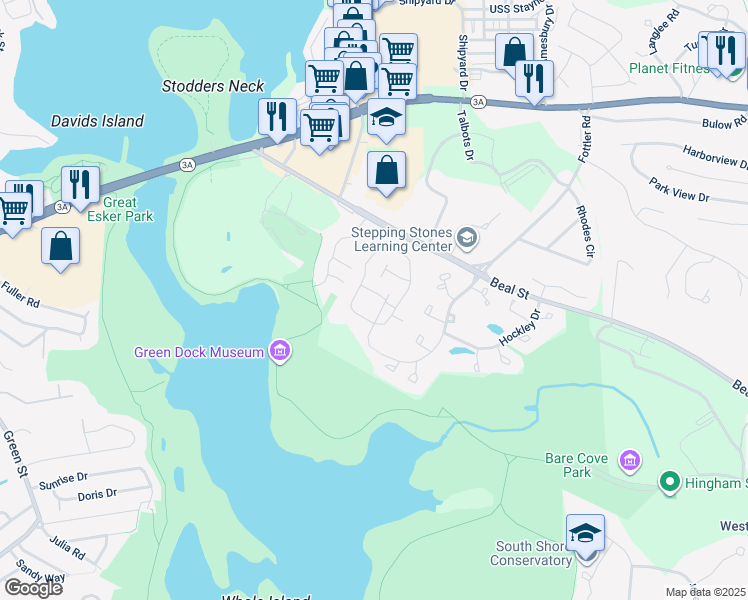 map of restaurants, bars, coffee shops, grocery stores, and more near 4 Beal's Cove Road in Hingham