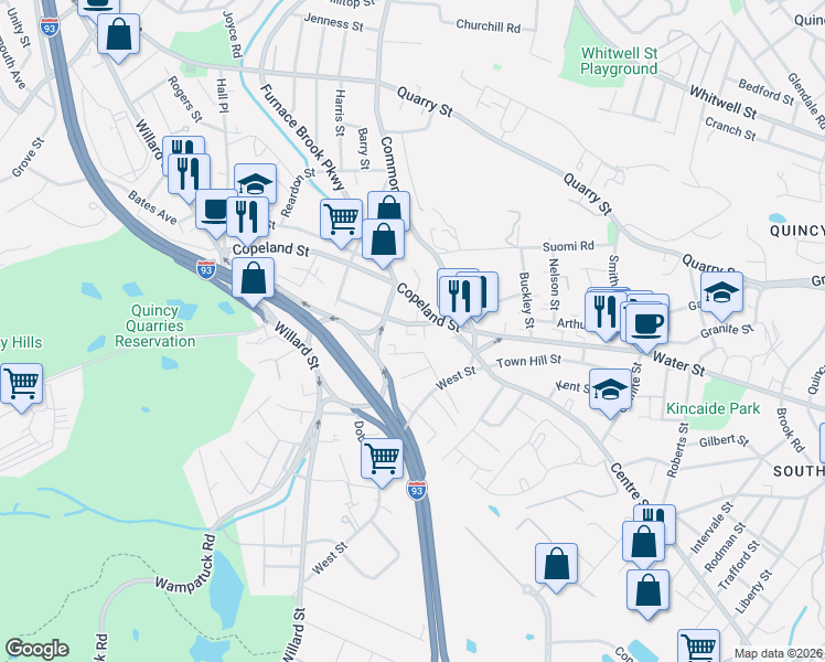 map of restaurants, bars, coffee shops, grocery stores, and more near 2 Miller Street in Quincy