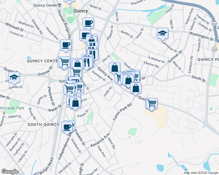 map of restaurants, bars, coffee shops, grocery stores, and more near 11 Hyde Street in Quincy