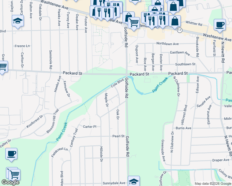 map of restaurants, bars, coffee shops, grocery stores, and more near 4901 Club Place in Ypsilanti