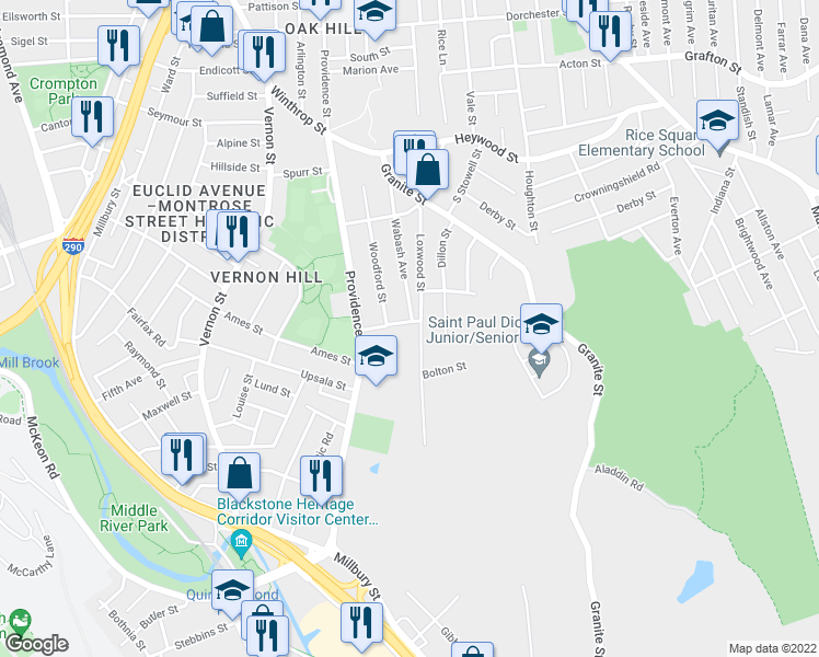 map of restaurants, bars, coffee shops, grocery stores, and more near 66 Loxwood Street in Worcester