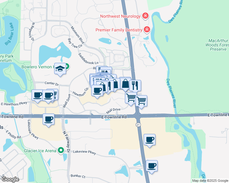 map of restaurants, bars, coffee shops, grocery stores, and more near 624 Hawthorn Center in Vernon Hills