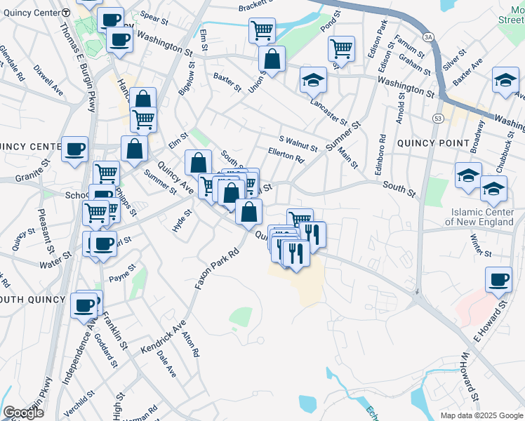 map of restaurants, bars, coffee shops, grocery stores, and more near 25 Martensen Street in Quincy