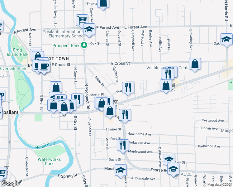map of restaurants, bars, coffee shops, grocery stores, and more near 804 Young Street in Ypsilanti