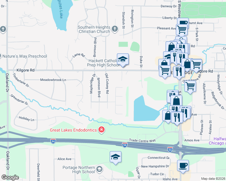 map of restaurants, bars, coffee shops, grocery stores, and more near 5122 Grosse Pointe Street in Portage