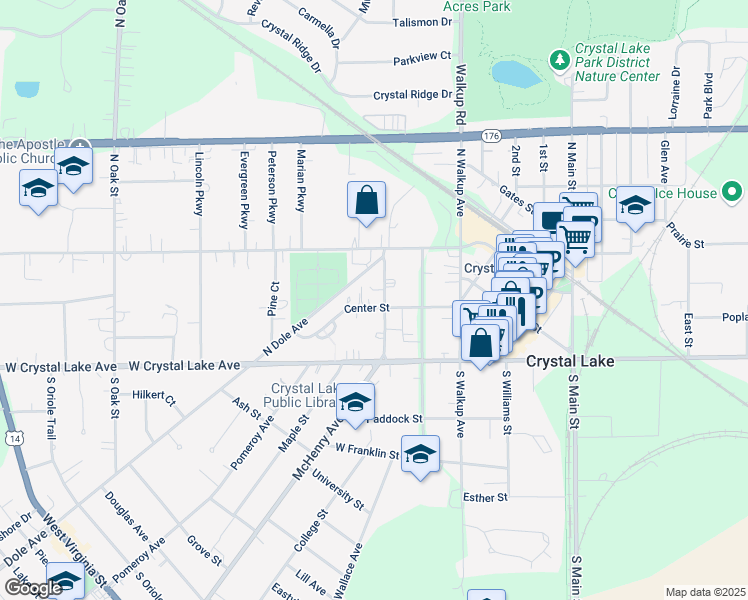 map of restaurants, bars, coffee shops, grocery stores, and more near 74 Elmhurst Street in Crystal Lake