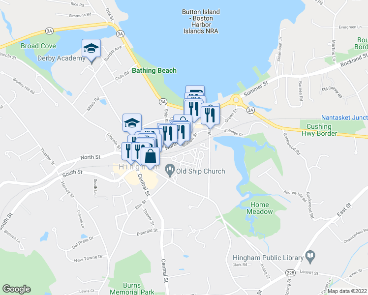 map of restaurants, bars, coffee shops, grocery stores, and more near 27 Station Street in Hingham