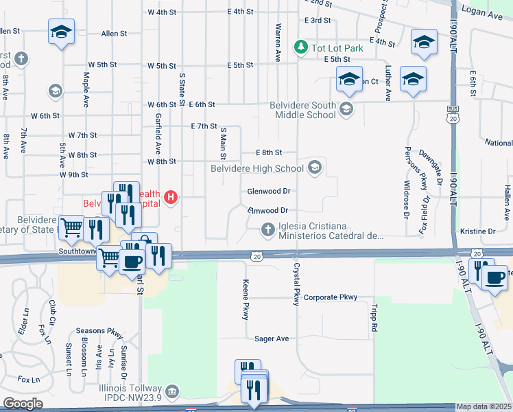 map of restaurants, bars, coffee shops, grocery stores, and more near 510 Elmwood Drive in Belvidere