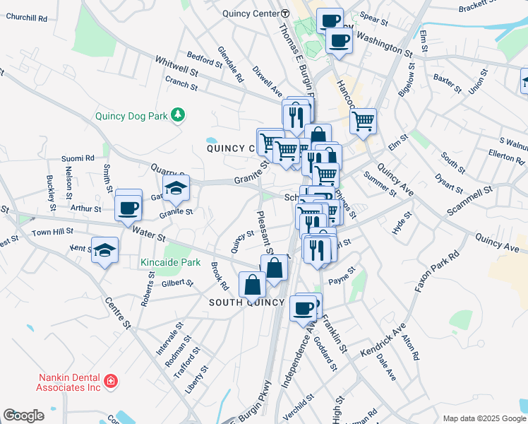 map of restaurants, bars, coffee shops, grocery stores, and more near 36 Pleasant Street in Quincy