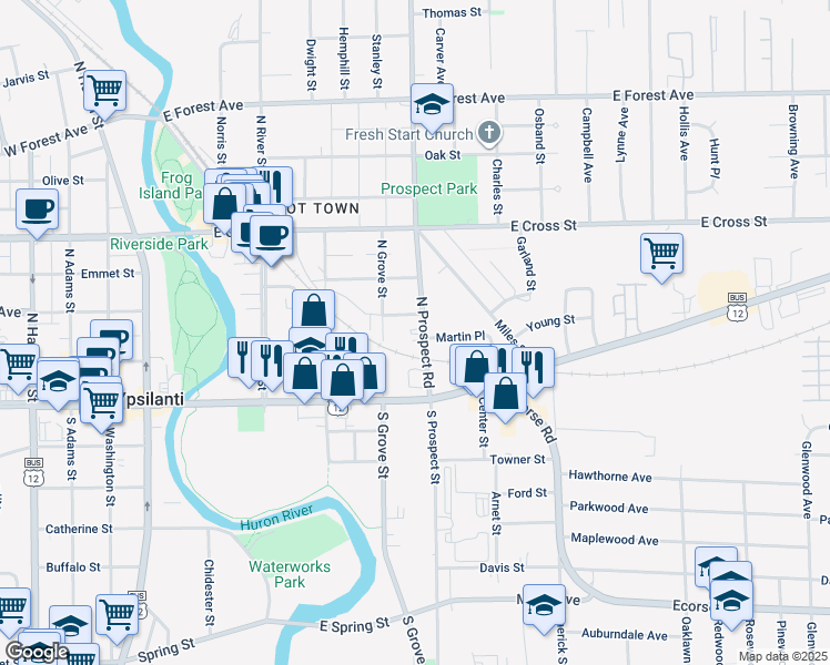 map of restaurants, bars, coffee shops, grocery stores, and more near 207 North Prospect Road in Ypsilanti